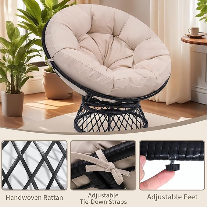 46" Giant Oversized Ergonomic Rattan Papasan Chair with Soft Thick Cushion for Adults, Fluid 360° Swivel, Waterproof, Black Frame with Beige Cushion