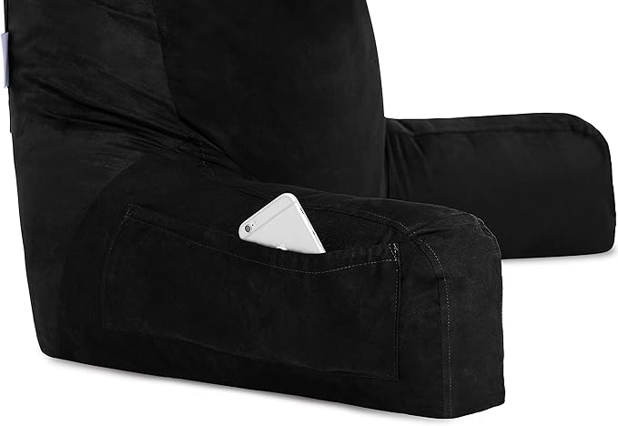 Husband Pillow XXL Aspen Edition, Adult Reading Sit Up Bed Rest Pillow for Bed with Arms & Neck Roll on Bungee Cord - Premium Memory Foam - Reversible 2 Sided Cover Micro Suede or Plush, Stable Black