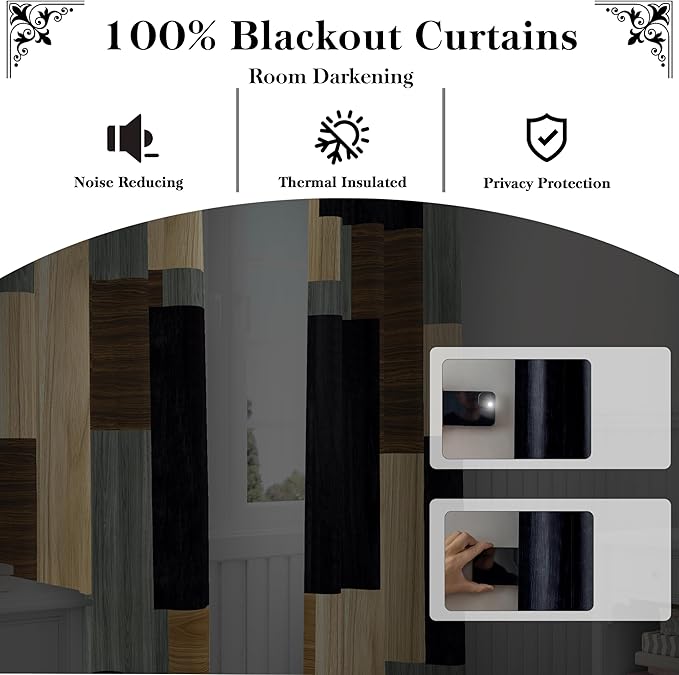 Wood Print Retro 100% Blackout Curtains for Bedroom 84 inch Long 2 Panels Set Modern Abstract Geometric Black Out Curtains Insulated Room Darkening Window Drapes for Living Room, 52Wx84L