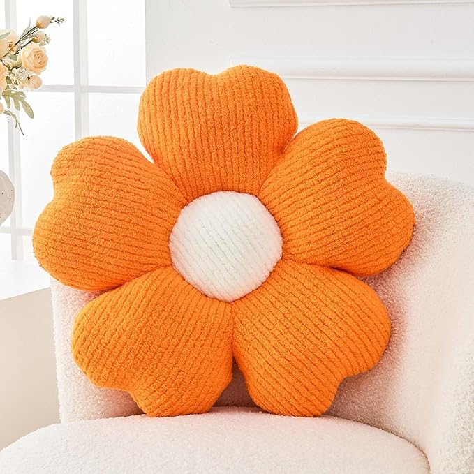 Kcvvcr Flower Throw Pillow, Cute Flower Shaped Pillow Decorative Throw Pillow for Bed Couch, Soft Daisy Pillows Floor Seating Cushion Cushions (14.9 Inch Orange)
