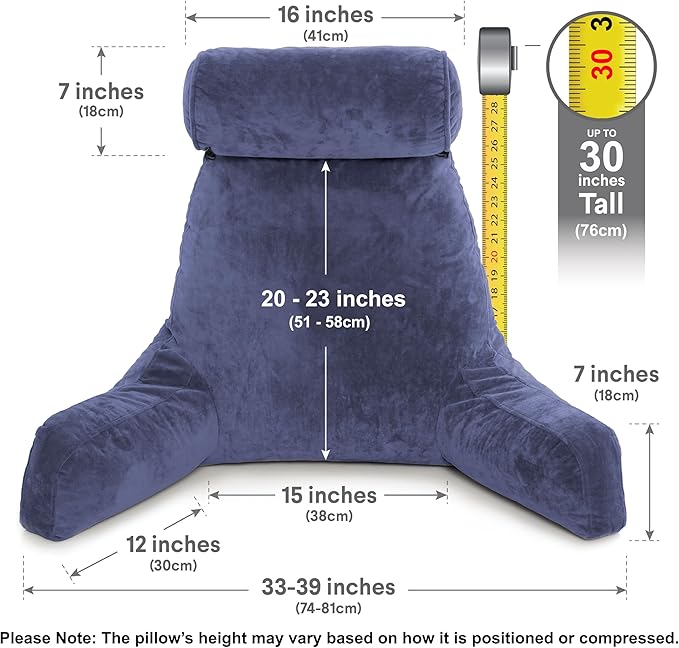Husband Pillow XXL - Reading Pillow Bed Chair with Arms & Back Support - Dark Blue - Back Pillow for Beds Sitting Up - Bed Rest Arm Pillow - Comfy Reading Pillow for Adults