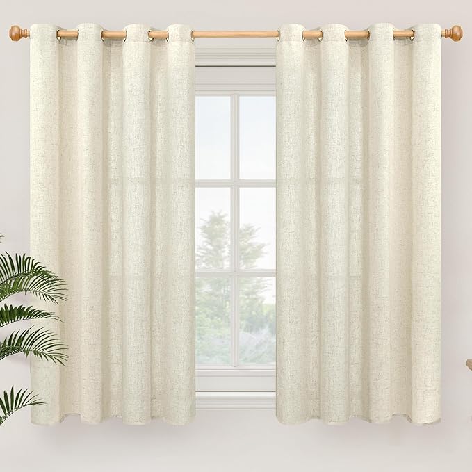 YoungsTex Beige Linen Curtains 45 Inch Length for Short Kitchen Window, Light Filtering Semi Sheer Drapes with Grommet Rustic for Cafe Bathroom Bedroom, 2 Panels, 52 X 45 Inch