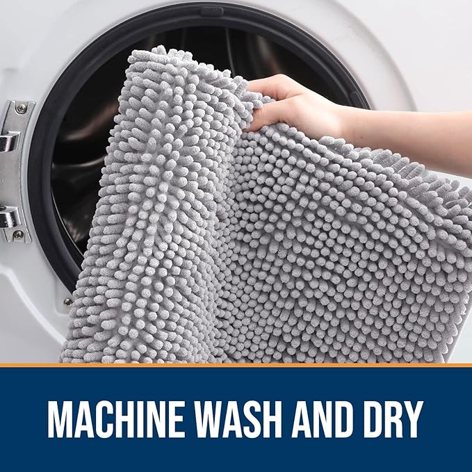 OLANLY Dog Door Mat for Muddy Paws 59x32, Absorbs Moisture and Dirt, Absorbent Non-Slip Washable Doormat, Quick Dry Chenille Mud Mat for Dogs, Entry Indoor Entryway Carpet for Inside Floor, Light Grey