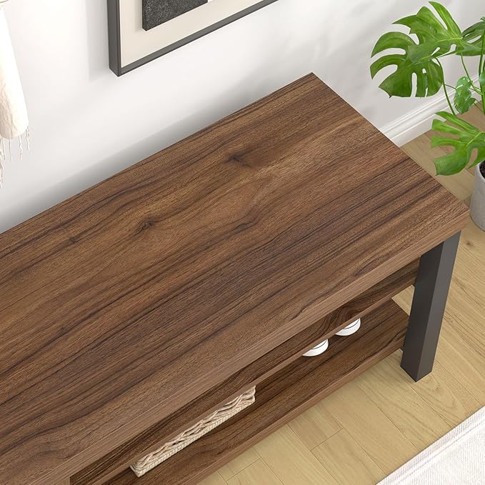 FOLUBAN Entryway Bench, Modern Wood Shoe Bench for Living Room Hallway, Industrial Indoor Shoe Storage Bench Seat, Rustic Walnut, 47 Inch