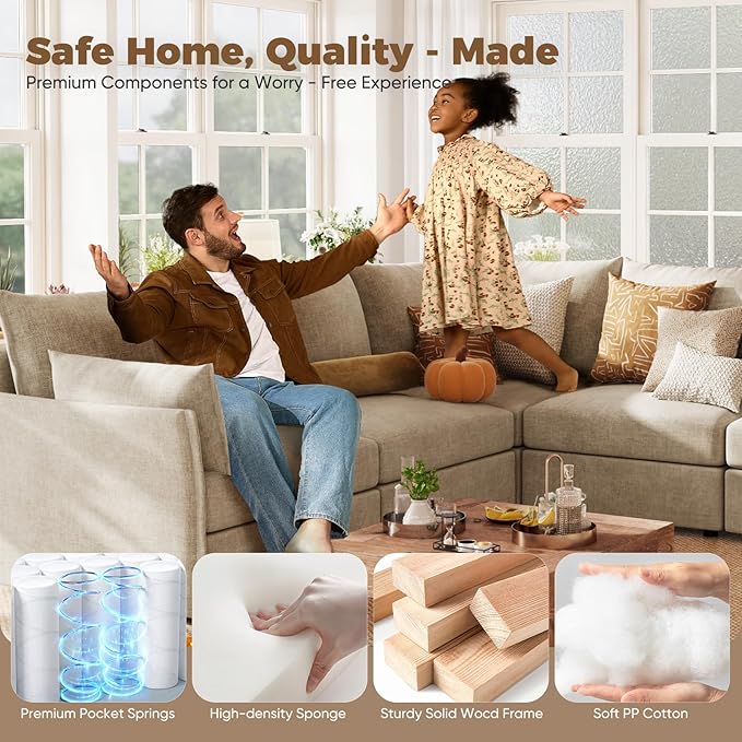 ABCASA Luxury Modular Sectional Sofa, L-Shaped 3-Seat Couch with Storage Ottoman Deep Seat & Reversible Chaise Lounge Chenille Beige for Compact Spaces, Apartments, Dorm