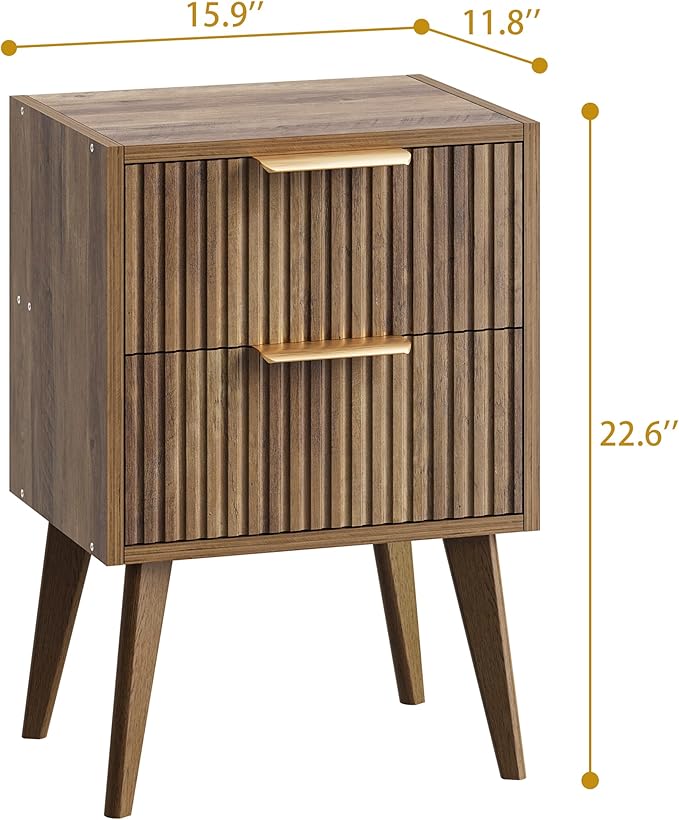 YAUKOMEL Mid Century Modern Nightstand,Small Bedside Table with 2 Drawers,Fluted Side Table,Walnut Brown End Table for Living Room,Bedroom,Small Space,Caramel Oak 11.8" D x 16" W x 22.4" H CTG55BR