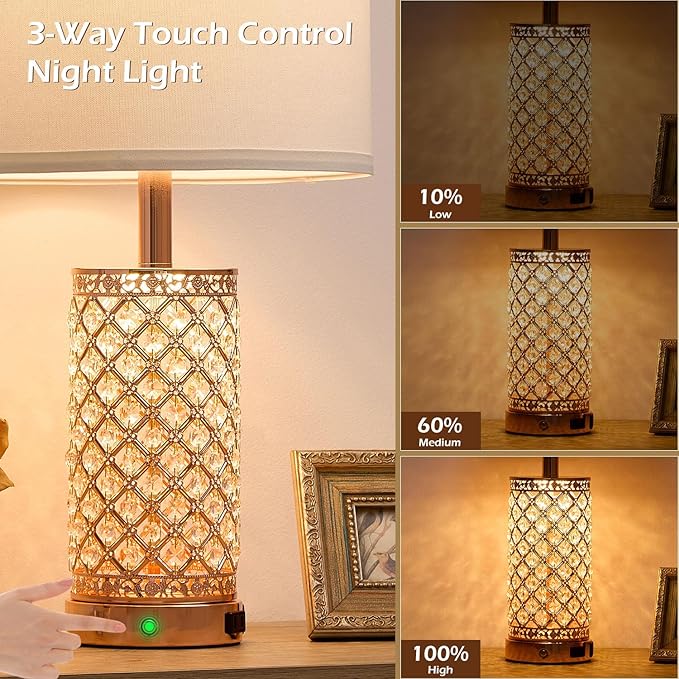Crystal Table Lamps 3-Way Dimmable Bedroom Lamp with 2 USB Ports & AC Outlets for Living Room Retro Bedside Nightstand Lamp Night Light (Rose Gold- 1 Pack 24In)