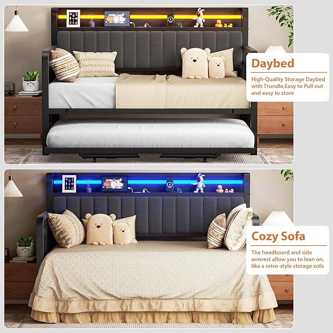 Daybed with Trundle and LED Light, Heavy Duty Metal Twin Bed Frame with Upholstered Storage Headboard & Charging Station, Day Bed Pop Up Trundle Bed Twin for Living Room,Bedroom and Guest Room, Black