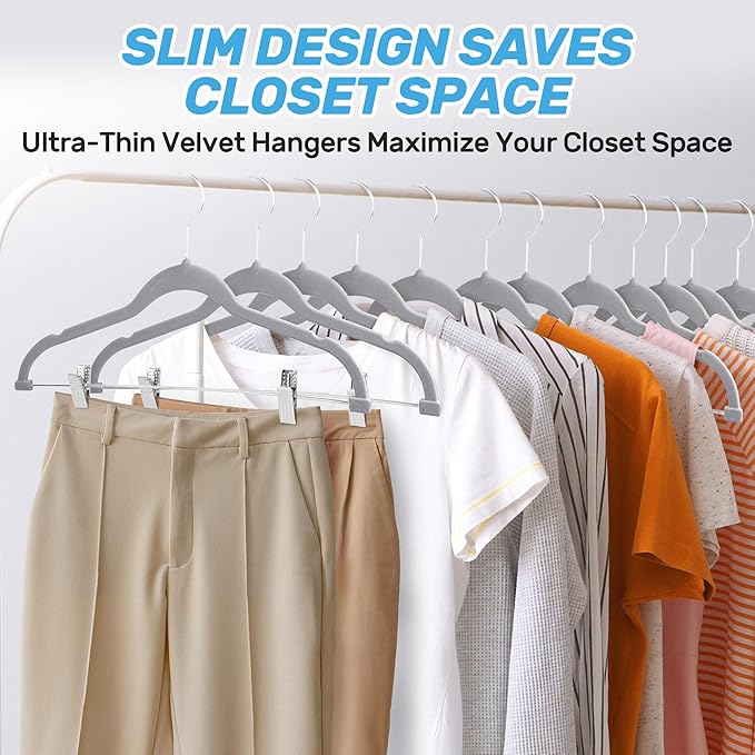 Velvet Pants Hangers 20 Pack with Adjustable Clips, Space-Saving Slim Flocked Hangers, Heavy Duty & Non-Slip Felt Clothes Hangers for Pants, Skirts, Dresses, and Jeans(Grey)
