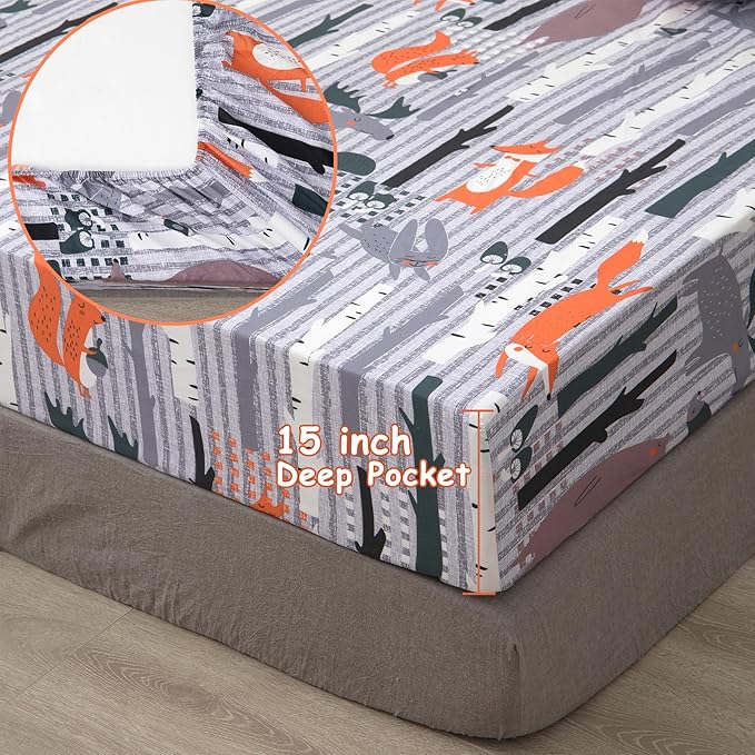 JSD Woodland Animals Kids Printed Sheets Set Full, 4 Piece Soft Fox Microfiber Bed Sheets Deep Pocket