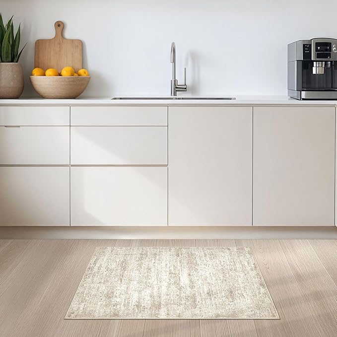 2x3 Entryway Area Rug: Washable Neutral Modern Abstract Small Rug - Non-Slip Low Pile Throw Indoor Carpet for Entrance Kitchen Front Door Mat Bathroom Entry Kids Room - Vintage Beige