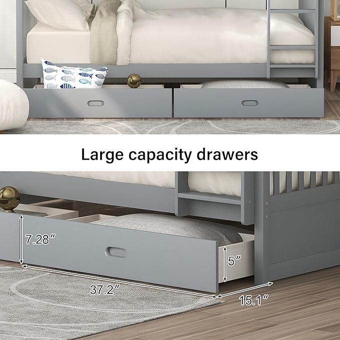 Merax Wood Bunk Bed with Drawers,Convertible Wood Bunk Bed with Ladders and Two Storage Drawers,Solid Wood Detachable Bunk Bed Frame with Ladders,Twin Over Twin Size,Grey