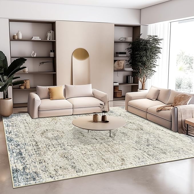 10x14 Area Rugs for Living Room, Non Slip Machine Washable Vintage Rugs, Low Pile Lightweight Large Rug for Bedroom, Dining Room, Home Office Blue Ivory