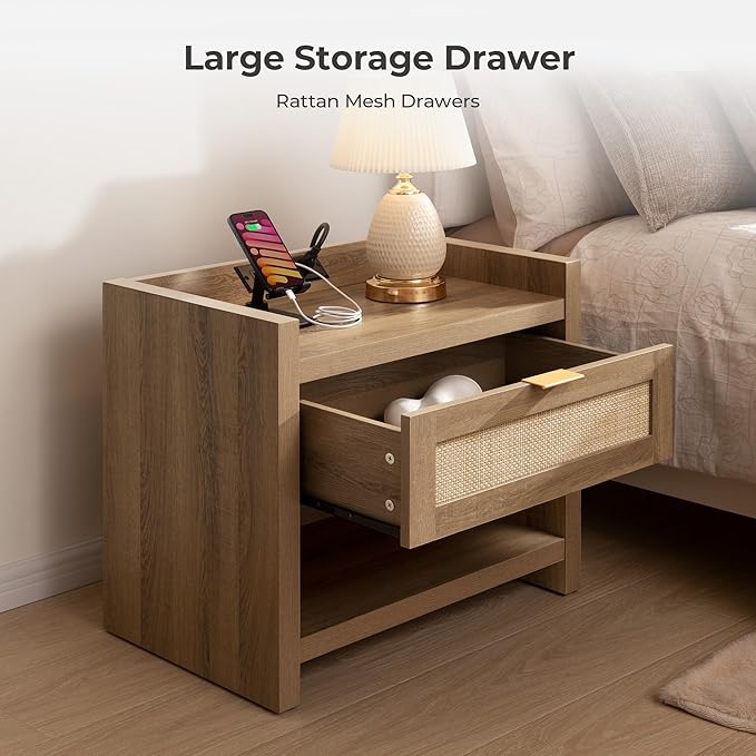 SICOTAS Night Stand Bed Side Table - Rattan Nightstand with Type-C Charging Station,Drawer Storage End Table - Boho Bedside Night Stands for Bedroom - Natural Oak