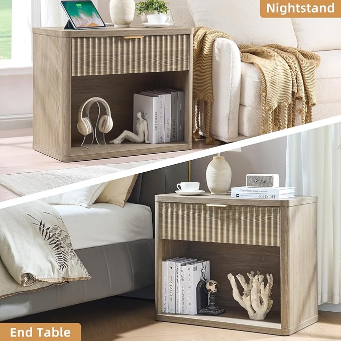 LEYAOYAO 31" Wide Fluted Nightstand Set of 2 with Charging Station, Oversized Extra Large 1 Drawer Night Stand with Golden Handle, Grey Wood Bedside Table Tall End Tables,for Bedroom, Living Room