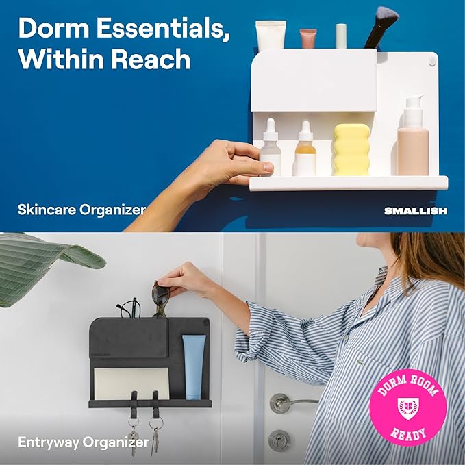 Smallish 2-Pack: WallShelfie & Shroommate - Bedside Wall Organizer with Shroommate Clip On Light Bundle - Dorm Room Essential, Floating Bedside Shelf Wall Mount, Clip on for Desk, Remote Holder