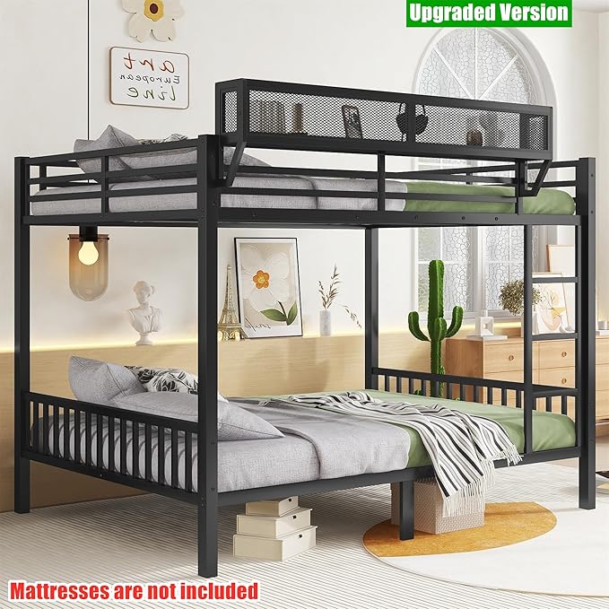 Higher Quality & Stronger Heavy Duty Metal Bunk Bed Frame Queen Over Queen Size for Adults Teens, Thickened More Stable Steel Bunkbed (Queen Over Queen-B)
