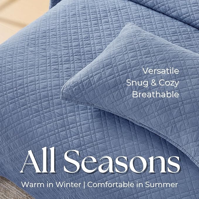 Cali King Quilt Set with Shams Lightweight Quilted Bedspread Coverlet Thin Comforter Bed Cover Vintage Washed Quilted Blanket for All Season, Brushed Microfiber Diamond Stitching, Blue, 111"x92"
