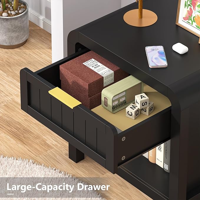 IKENO Wood Nightstand with Storage Drawer, 21" Wide Night Stand with Curved Profile Design, Bedside End Table for Bedroom, Living Room, Closet (1, Black, 1 Drawer)