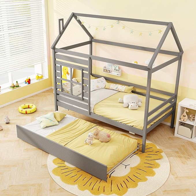 Giantex Twin House Bed with Trundle Bed, Wooden Twin Bed Frames with Roof, Chimney & Window, Montessori House Bed with Safety Guardrails for Kids, Boys, Girls, Teens (Grey)