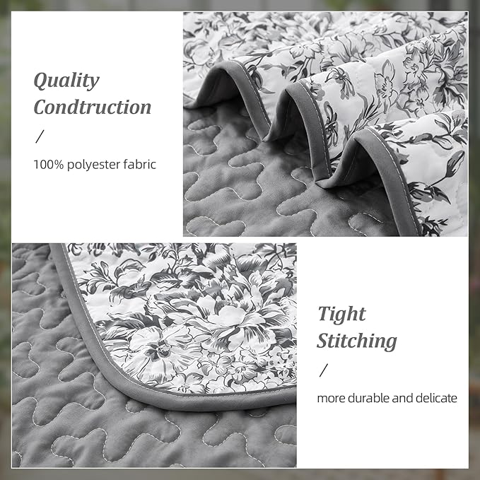 WONGS BEDDING Quilt King Size, Grey Quilt Bedding Set with 2 Pillowcases, Botanical Quilt for King Bed, Soft Microfiber Lightweight Coverlet Bedspread for All Season (110"×90", 3 Pieces)