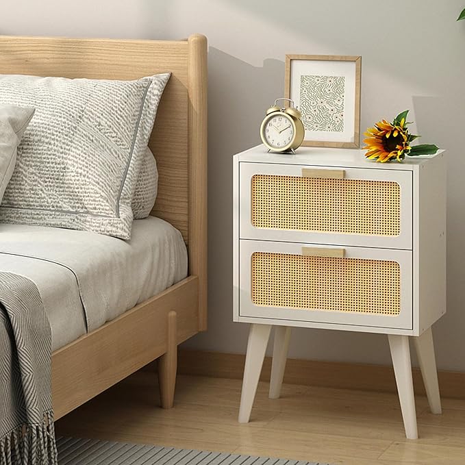 YAUKOMEL Rattan Nightstand, Wood End Table, Side Table with 2 Hand Made Rattan Decorated Drawers,Boho Bedside Table,Wood Accent Table with Storage for Livingroom, Bedroom, White CTG59W