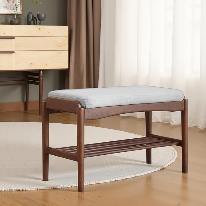 Black Walnut Shoe Bench Assembled, Solid Wood Shoe Rack Bench with Cushion for Entryway, Living Room, Bedroom, Hallway, 11.8" x 31.5" x 16.5"