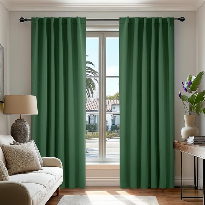 Deconovo Solid Back Tab and Rod Pocket Curtains Thermal Insulated Blackout Window Curtains for Living Room 52Wx84L Inch Dark Forest 2 Panels