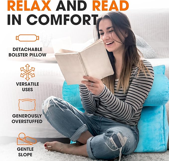 Cheer Collection Reading Wedge Pillow - Adjustable Wedge Reading Pillow with Neck Support, Hollow Fiber-Filled Backrest Pillow for Reading, Gaming, and TV Watching, Sky Blue