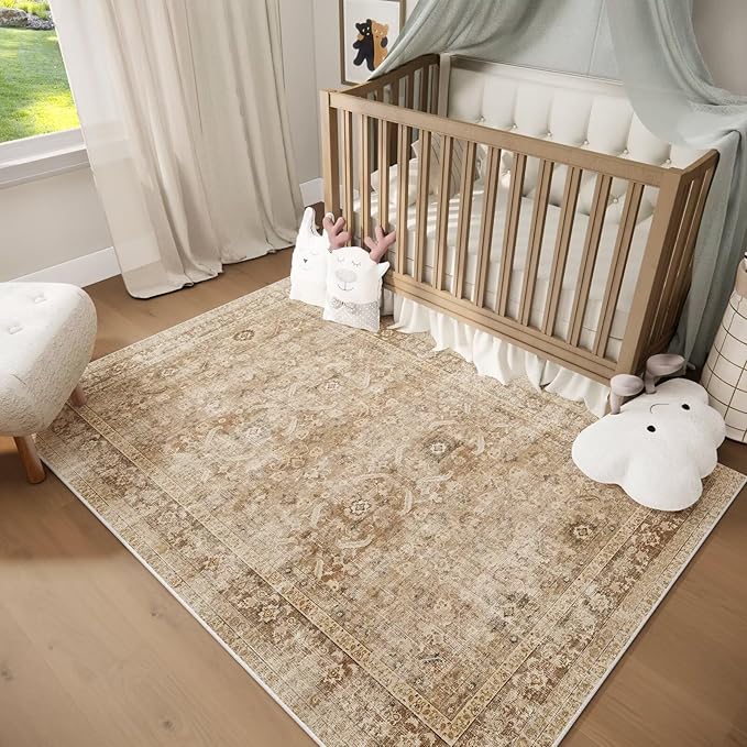 Washable 3x5 Entryway Rug, Boho Non-Slip Vintage Distress Small Rugs for Kitchen Nursery Office Bedroom, 0.3" Neutral Oriental Throw Thin Carpet with Cushioning Pad, Brown/White/Multi