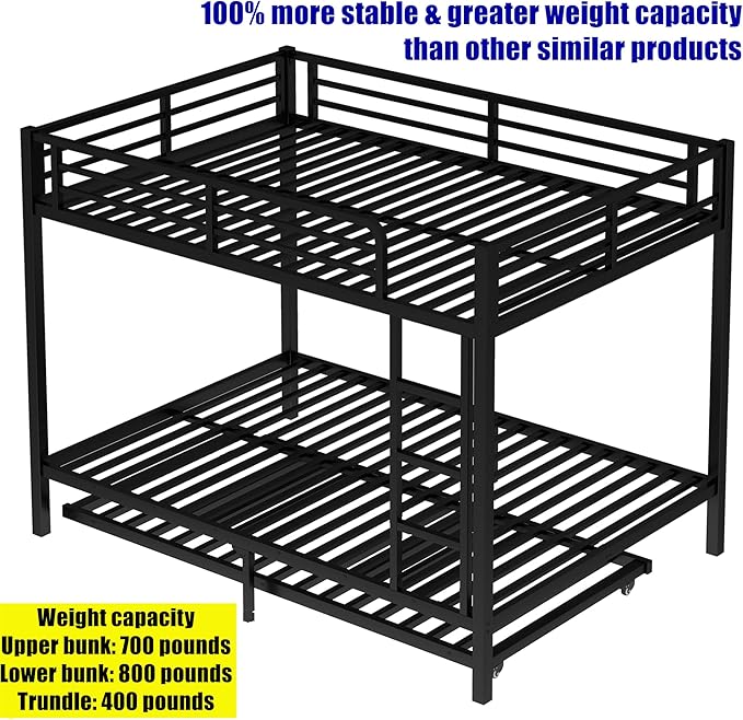 LUCALEO Stronger & Truly Reinforced Heavy Duty Metal Bunk Bed Full Over Full Size Bunkbed, Thickened More Stable & Safer Steel Bunk Bed Frame with Twin Size Trundle (Greater Weight Capacity)