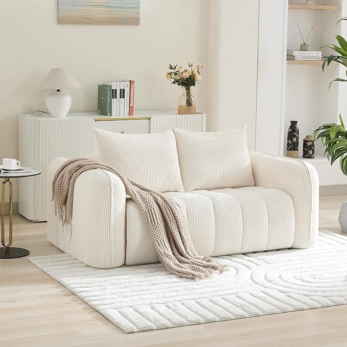 66'' Boneless Loveseat Sofa, 2 Seater Deep Seat Couch with Rounded Armrest, Upholstered Cloud Couch for Living Room, Bedroom, No Assembly, Corduroy White