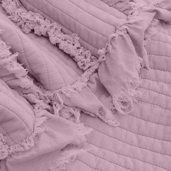Ultra Soft Pre-Washed Warm Quilted Throw Blanket, Ruffle Fringed Purple Boho Decorative Throw, Stone Washed Chic Rustic Blanket for Sofa Couch Bed Chair, 50"x 60"