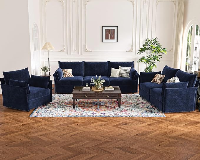 ABCASA Oversized Loveseat Sofa, Modern Modular Sectional Couch Blue Fluffy Chenille Mid Century 2-Seat 24.5" Deep Seat for Apartment, Living Room, Bedroom