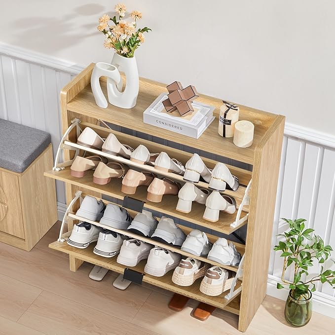 Narrow Shoe Cabinet with 2 Flip Drawers for Entryway,Wood Slim Shoe Rack Cabinet, Freestanding Hidden Shoe Storage Organizer, Space-Saving, Round Fluted Pattern for Hallway, Living Room (Natural)