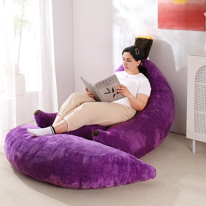 Banana Bean Bag Chair with Ottoman, Floor Sofa Bed with Footrest, Comfy Convertible Lounger for Adults, Plush Couch for Bedroom, Living Room or Dorm, L-Violet