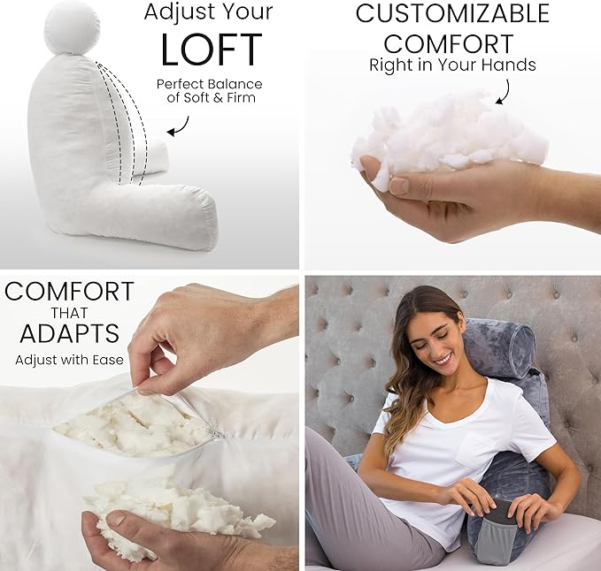 Husband Pillow Medium Dark Grey, Backrest for Kids, Teens, Petite Adults - Reading Pillows with Arms, Adjustable Loft, Plush Memory Foam, Bed Rest Chair Sitting Up, Detach Neck Roll, Removable Cover
