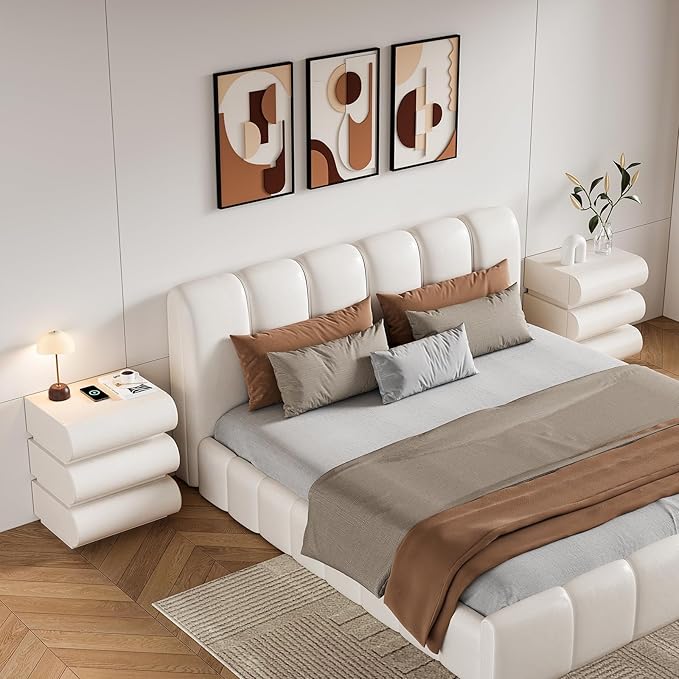 homary Smart Nightstand with Wireless Charging, USB & Type-C Ports – Modern Off White Faux Leather Nightstand with 3 Drawers, Bedside Table with Charging Station for Bedroom