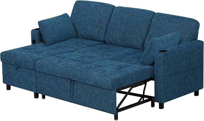 84" Chenille Pull Out Sofa Bed w/Adjustable Backrest, L-Shape Modern Sleeper Sofa w/Reversible Chaise, Upholstered Sectional Couch w/USB Port and Side Pockets for Living Room, House, Blue
