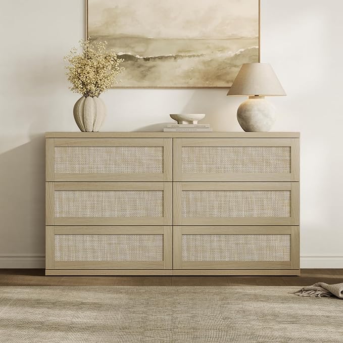 SICOTAS Dresser for Bedroom - 75" Wide 9 Drawer Dresser Rattan Dressers & Chests of Drawers Boho Drawers for Bedroom Bedside Table Clothes Long Closet Storage for Closet Hallway Entryway