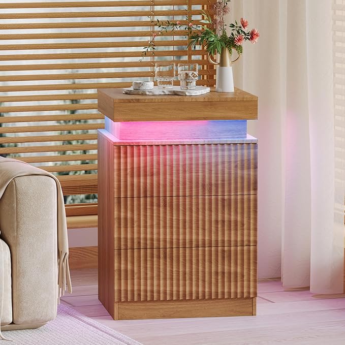 Nightstand Set of 2 for Bedroom, LED Nightstand with 3 Drawers and Charging Station, Mid Century Modern Fluted Nightstands, Bedside Tables & End Tables, Walnut
