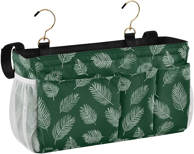 Bedside Caddy Hanging Bunk Bed Caddy Bed Organizer Hanging Pocket with 2 Hooks Bedside Storage Organizer Pocket Bag Holder Green Simple Palm Leaf