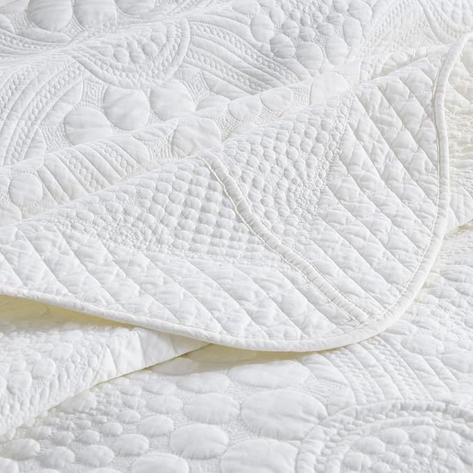 MarCielo 100% Cotton Quilt Set - 3-Piece Embroidered Farmhouse Bedspread & Shams, All-Season Breathable Bedding (Tf Bright White,Queen)