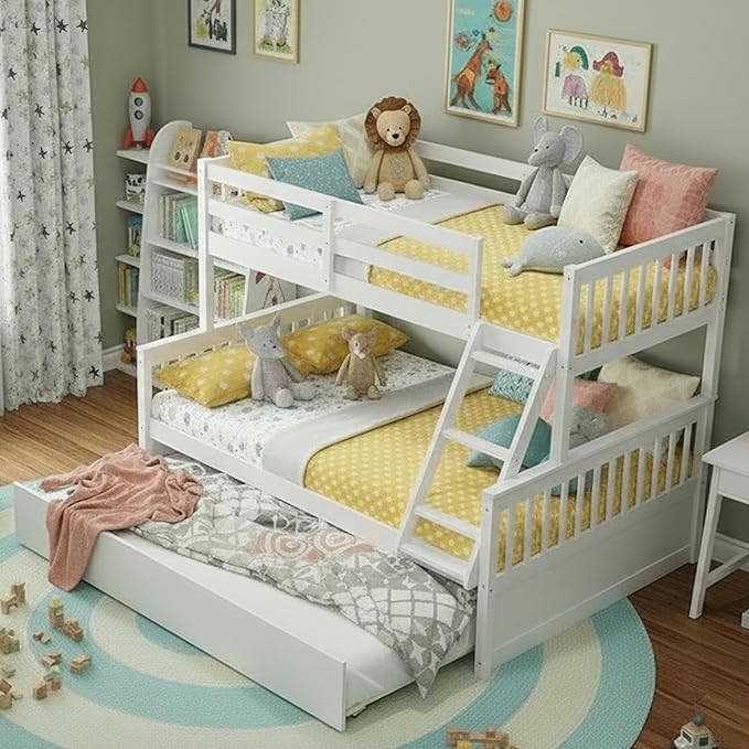 KOMFOTT Wood Twin Over Full Bunk Bed with Trundle, Bunk Bed Frame with Solid Pine Wood Frame, Space-Saving Bed Frame with Ladder & Safety Guardrails, No Box Spring Needed