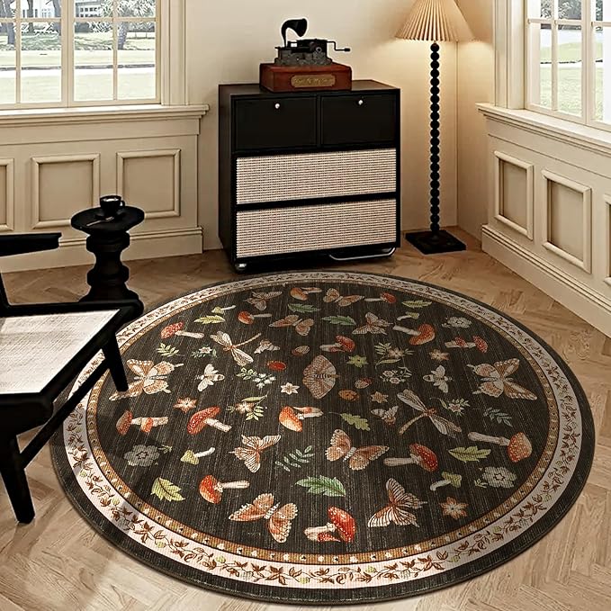 Mushroom Insect 5ft Round Rug Washable Non-Slip Soft Ultra-Thin Small Boho Circle Carpet for Entryway Kitchen Bedroom Nursery Dining Room Brown