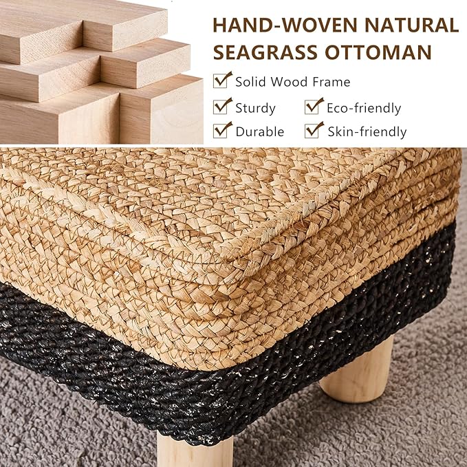 Wimarsbon Natural Seagrass Footstool Ottoman Rectangular Footrest Pouf Ottomans with Wooden Legs Hand Weave Step Stool for Living Room Bedroom Entryway Black