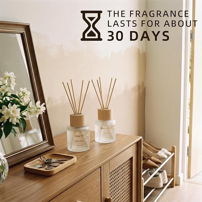 Reed Diffuser Set, Binca Vidou Lavender & White Jasmine Natural Scent Oil Diffusers with Sticks for Home Office Bathroom Aromatherapy Decor 1.69oz x 2