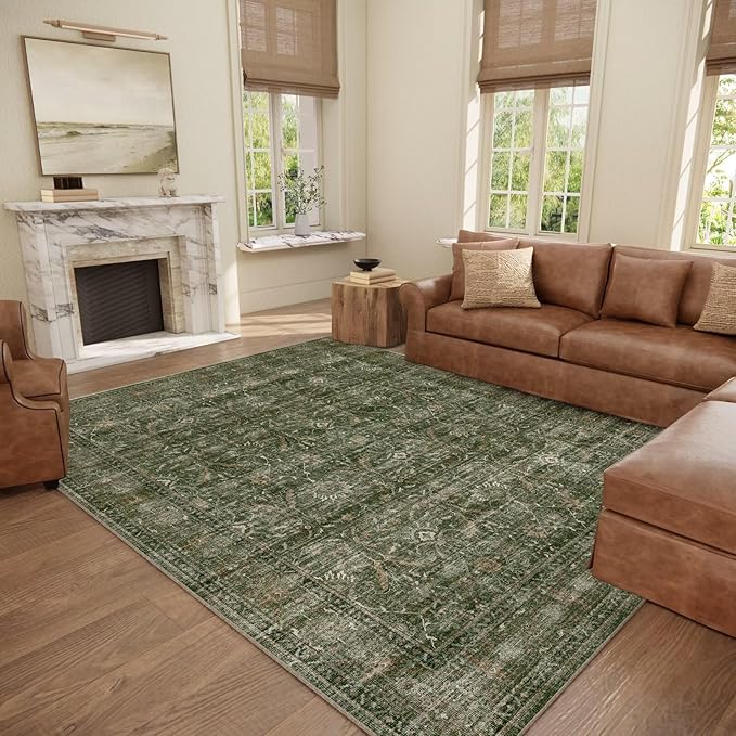 Washable 8x10 Area Rugs for Living Room, Boho Non-Slip Vintage Distress Large Rugs for Bedroom Dining Room Nursery Office, 0.3" Neutral Oriental Throw Thin Carpet, Grass Green/Multi