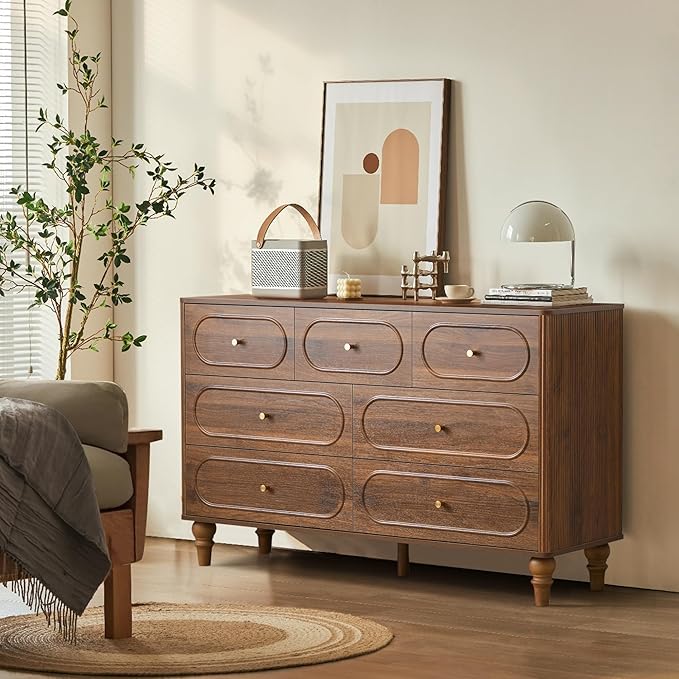 ORRD Fluted 7 Drawer Dresser for Bedroom, Modern Mid Century Chest of Drawers, Wood Storage Large Dresser Organizer for Bedroom Living Room Closet Hallway, Walnut