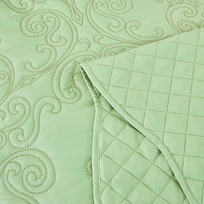 CHIXIN Bedspread Coverlet Set Queen Size - Lightweight Bedding Cover - Beautiful Stitching - 5 Piece Reversible Bedspread - Luxury Damask Paisley Pattern (Queen, Peak Green)